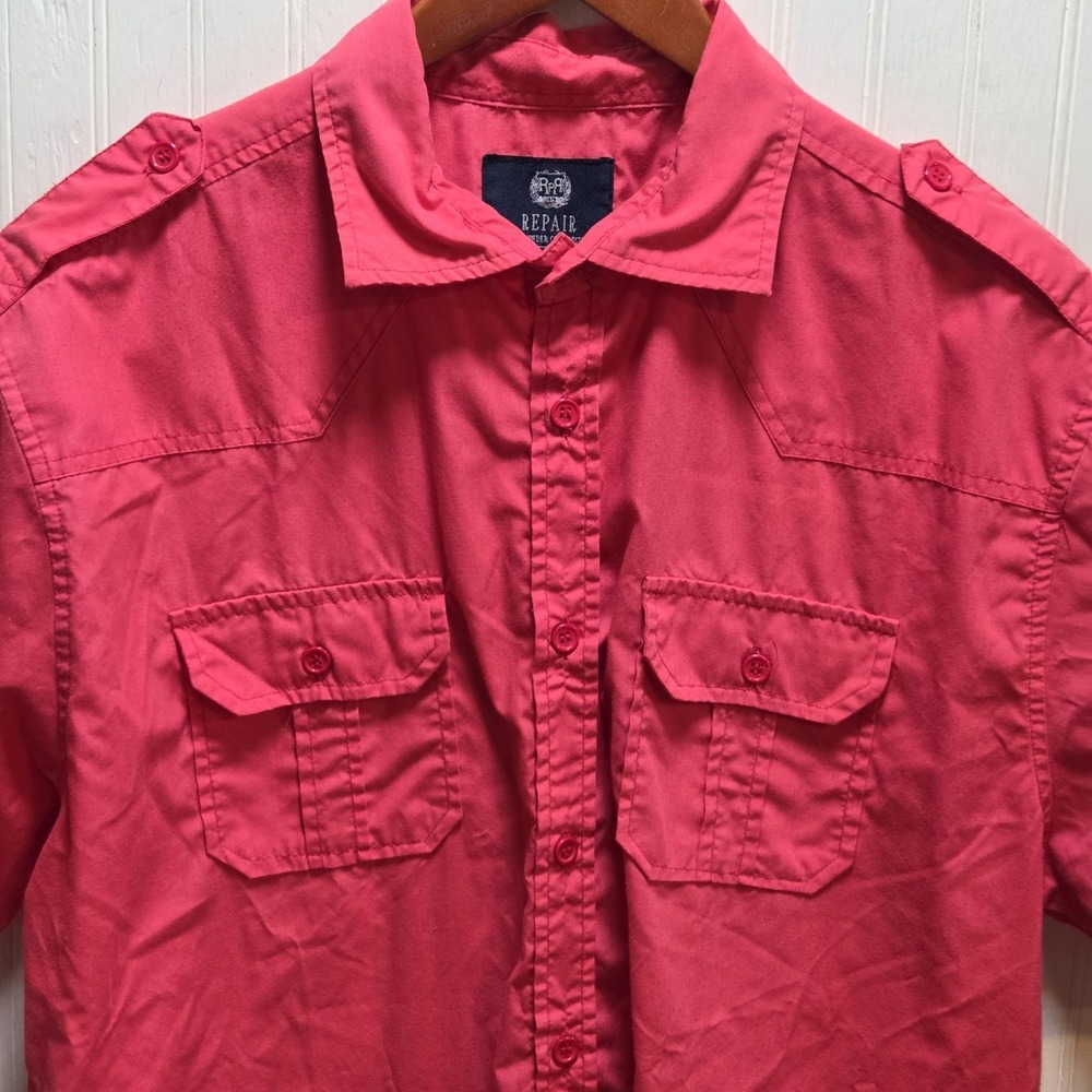 Repair Shirt Mens XL Red Solid Short Sleeve Button Up Utility Pockets Casual